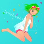  barefoot candy earbuds earphones feet finger_to_mouth goggles goggles_on_head green_hair gumi jelly_bean jelly_beans nail_polish short_hair shushing sitting tamayo vocaloid wariza wink 