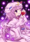  apple crescent food fruit hat highres inume long_hair open_mouth patchouli_knowledge purple purple_hair solo touhou wink 