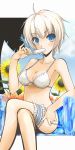  blonde_hair blue_eyes crossed_legs flower highres legs_crossed original popsicle short_hair shuuichi sitting solo sunflower swimsuit 