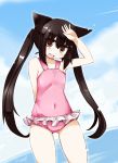  black_hair brown_eyes casual_one-piece_swimsuit cat_ears highres k-on! long_hair nakano_azusa one-piece_swimsuit shirogane solo swimsuit twintails 