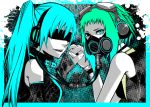  aqua_eyes aqua_hair bare_shoulders black_eyes blindfold blue drahtpuppe face gas_mask goggles goggles_on_head green_hair gumi hands hatsune_miku headphones heterochromia highres holding_hands multiple_girls short_hair smile twintails vocaloid 