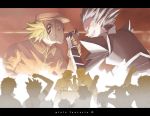   2boys arm_wrestling armor blonde_hair crowd evil_grin giriam_(pixiv_fantasia) gloves grey_eyes mask pixiv_fantasia pixiv_fantasia_3 pointy_ears silver_hair spiky_hair tamago_(pixiv17968) trenchcoat wayder_(pixiv_fantasia) yellow_eyes  