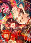  2girls ahoge arm_guards bow fate/grand_order fate_(series) flower hair_bow hair_flower hair_ornament hi_(wshw5728) highres japanese_clothes kimono long_hair medium_hair multiple_girls oda_nobunaga_(fate) okita_souji_(fate) open_mouth red_eyes red_kimono twitter_username very_long_hair 