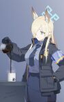  1girl absurdres animal_ears armband bags_under_eyes blonde_hair blue_archive blue_eyes coffee_mug cup decantering gloves hair_over_one_eye hand_in_pocket highres jacket kanna_(blue_archive) mug necktie plumbum pouring simple_background solo steam 