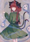  1girl absurdres animal_ears black_bow bow braid cat_ears cat_girl cat_tail closed_mouth green_shirt green_skirt grey_background hair_bow highres hitodama kaenbyou_rin l_neconeco_l long_hair long_sleeves looking_at_viewer looking_back multiple_tails nekomata redhead shirt skirt skull solo tail touhou two_tails 