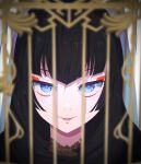 1girl birdcage black_hair blue_eyes blurry blurry_foreground cage camui1104 closed_mouth commentary_request eyeshadow highres long_hair looking_at_viewer makeup medium_bangs red_eyeliner red_eyeshadow rindou_aya_(undead_girl_murder_farce) smile undead_girl_murder_farce