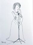  1girl collarbone crescent_necklace dress full_body hair_ribbon head_tilt highres jewelry kagonoikeazuki long_dress medium_hair microphone microphone_stand monochrome necklace original ponytail ribbon signature sketch solo standing traditional_media |_| 