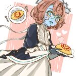  1girl blue_skin blue_tongue blush brown_hair claws colored_skin colored_tongue fang fate/grand_order fate_(series) floral_print food fork glasses heart holding holding_plate looking_at_viewer maid omelet omurice open_mouth plate puffy_sleeves shimogamo_(shimomo_12) solo spoon steam sunflower_print van_gogh_(fate) van_gogh_(second_ascension)_(fate) 