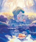  absurdres berry_(pokemon) bright_pupils bulbasaur claws grass highres looking_down nashiro_o77o no_humans oran_berry outdoors pokemon pokemon_(creature) red_eyes solo twitter_username water watermark white_pupils 