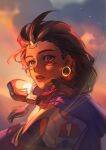  1girl brown_eyes brown_hair clouds earrings facial_mark highres illari_(overwatch) jewelry long_hair overwatch overwatch_2 parted_lips sky solo upper_body westwheatwheat 