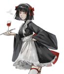  1girl apron black_hair black_kimono bob_cut bow cigarette cowboy_shot cup drinking_glass fkrnnmr hair_bow hairband highres japanese_clothes kimono limbus_company long_sleeves looking_at_viewer maid project_moon red_bow red_eyes ryoshu_(limbus_company) short_hair sidelocks simple_background smoke solo thigh-highs tray wa_maid white_apron white_background white_hairband white_thighhighs wide_sleeves wine_glass 
