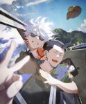  2boys absurdres black_car black_hair blue_shirt car clenched_teeth closed_eyes clouds earrings fingernails floating_hair floral_print getou_suguru gojou_satoru hair_between_eyes hat highres jewelry jujutsu_kaisen kyuuba_melo male_focus mirror motor_vehicle mountain multiple_boys open_mouth orange_shirt outdoors parted_lips path red_eyes reflection round_eyewear shirt short_hair short_sleeves sidelocks sky smile straw_hat sunglasses teeth v water white_hair window 