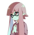  1girl closed_mouth domino_mask dot_nose hand_on_own_chest inkling inkling_girl long_sleeves mask namori pink_eyes pink_hair pink_shirt pointy_ears shirt simple_background solo splatoon_(series) tentacle_hair upper_body white_background 