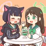  2girls :d :o airi_(blue_archive) animal_ears black_hair black_hoodie blue_archive blush brown_background brown_hair chair closed_eyes commentary_request drawstring feeding flying_sweatdrops food-themed_hair_ornament green_sailor_collar hair_ornament halo holding holding_spoon hood hood_down hoodie ice_cream_hair_ornament kazusa_(blue_archive) long_hair long_sleeves multicolored_hair multiple_girls on_chair one_side_up onyhakase outline pink_hair pleated_skirt puffy_long_sleeves puffy_sleeves sailor_collar school_uniform serafuku shirt simple_background sitting skirt sleeves_past_wrists smile spoon streaked_hair table two-tone_hair very_long_hair wafer_stick white_outline white_serafuku white_shirt white_skirt 