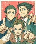  3boys ace_attorney antenna_hair apollo_justice black_hair blue_jacket blue_necktie border bracelet brown_hair buttons closed_mouth collared_shirt gakuran hand_on_another&#039;s_shoulder hand_on_own_hip jacket jewelry lapel_chain lapel_pin lapels long_sleeves male_focus multiple_boys necktie outside_border phoenix_wright pointing pointing_at_viewer portrait red_background red_necktie red_vest ryunosuke_naruhodo school_uniform shino_(shino_dgs) shirt short_hair smile spiky_hair very_short_hair vest white_border white_shirt 