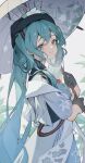 1girl absurdres aqua_hair beret black_gloves black_headwear blue_eyes closed_mouth cloudyman commentary_request dress from_side gloves half_gloves hat hatsune_miku highres holding holding_umbrella long_hair looking_at_viewer smile solo twintails umbrella upper_body vocaloid white_dress 