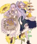  2girls apron basket biscuit_(bread) black_dress brown_apron brown_pantyhose cake cake_slice commentary_request cookie dress eating fire_emblem fire_emblem:_genealogy_of_the_holy_war fire_emblem:_three_houses fire_emblem_heroes floral_background flower food full_body hair_ribbon holding holding_basket holding_food juliet_sleeves long_hair long_sleeves looking_at_viewer lysithea_von_ordelia lysithea_von_ordelia_(tea_party) maid_headdress multiple_girls official_alternate_costume official_alternate_hairstyle one_eye_closed open_mouth pantyhose pink_eyes pink_hair ponytail puffy_sleeves purple_hair purple_ribbon ribbon smile sunflower tailtiu_(fire_emblem) tailtiu_(tea_party)_(fire_emblem) teeth tenjin_(ahan) thigh-highs upper_teeth_only very_long_hair waist_apron white_apron white_dress white_thighhighs yellow_flower 