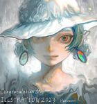  1girl artist_name blurry blurry_background closed_mouth earrings english_text eyelashes gradient_background grey_hair haruwosi hat jewelry looking_at_viewer original portrait red_eyes short_hair sidelocks smile solo white_headwear 