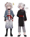  ... 2boys absurdres arm_behind_back artist_name baggy_pants belt black_footwear black_shirt black_tabard blade_(honkai:_star_rail) blue_shirt boots closed_mouth earrings floral_print full_body grey_hair grey_pants hair_between_eyes hair_ornament hair_over_one_eye hair_ribbon hand_on_own_hip highres honkai:_star_rail honkai_(series) jewelry jing_yuan long_hair long_sleeves looking_at_viewer male_focus mandarin_collar mole mole_under_eye multiple_boys pants pillosopi puffy_long_sleeves puffy_sleeves red_belt red_eyes red_ribbon ribbon shirt shoes short_hair simple_background single_earring smile speech_bubble tabard teeth white_background white_ribbon wide_sleeves yellow_eyes 