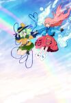  2girls blue_shirt blue_sky bubble_skirt closed_mouth commentary_request full_body green_eyes green_footwear green_hair green_skirt hata_no_kokoro heart heart_of_string holding_hands komeiji_koishi komeo long_hair long_sleeves looking_at_another looking_at_viewer mask multiple_girls outdoors pink_eyes pink_hair plaid plaid_shirt rainbow shirt short_hair skirt sky smile third_eye touhou white_footwear yellow_shirt 