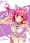  1girl absurdres animal_ears arima_kana bell blush bob_cut cat_ears cat_girl cat_tail closed_mouth highres inverted_bob jingle_bell looking_at_viewer oshi_no_ko paw_pose purple_background red_eyes redhead short_hair simple_background solo tail yurigera_8959 