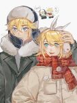  1boy 1girl alternate_costume blonde_hair blue_eyes bow coat commentary_request earmuffs fur_hat hair_between_eyes hair_bow hand_on_another&#039;s_head hat highres kagamine_len kagamine_rin light_blush open_mouth parted_lips red_scarf scarf short_hair siblings simple_background sparklu teeth twins upper_body upper_teeth_only ushanka vocaloid white_bow winter_clothes winter_coat 