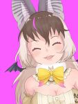  1girl animal_ears bare_shoulders bat_ears bat_girl bat_wings brown_hair brown_long-eared_bat_(kemono_friends) elbow_gloves extra_ears gloves grey_hair highres kemono_friends kemono_friends_v_project leotard long_hair looking_at_viewer microphone purple_background simple_background smile solo virtual_youtuber wings y0whqzz8bkslezl 