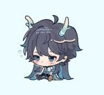  1boy ahoge black_hair chibi chinese_clothes commission dan_heng_(honkai:_star_rail) dan_heng_(imbibitor_lunae)_(honkai:_star_rail) dragon_boy dragon_horns earrings english_commentary english_text gradient_hair green_eyes green_horns honkai:_star_rail honkai_(series) horns jewelry long_hair male_focus multicolored_hair no_mouth peachfrosty pointy_ears red_eyeliner simple_background single_earring sitting solo 