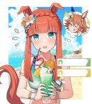  +_+ 2girls :p animal_ears beach blue_eyes blunt_bangs blurry blurry_background blush_stickers braid clover_hair_ornament commentary_request crown_braid daruma_doll desert drink drinking_straw ear_covers food four-leaf_clover_hair_ornament hair_between_eyes hair_ornament highres hime_cut holding horse_ears horse_girl horse_tail jewelry matikanefukukitaru_(umamusume) multiple_girls necklace ocean official_alternate_costume official_alternate_hairstyle one_eye_closed open_mouth orange_hair pov silence_suzuka_(emerald_on_the_waves)_(umamusume) silence_suzuka_(umamusume) single_ear_cover summer&#039;s_sunlight_fades_to_blue_(umamusume) tail thinking thumbs_up tongue tongue_out umamusume whitetiger_0126 