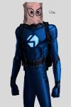  1boy absurdres backpack bag bag_on_head blue_bodysuit blue_suit bodysuit fantastic_four highres marvel mask rxzarx signature simple_background solo spider-man spider-man_(series) standing suit 