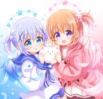  2girls :d angora_rabbit animal araki495 blue_eyes blue_flower blue_hair blue_sailor_collar blush brown_hair chestnut_mouth coat commentary dress feathered_wings flower gochuumon_wa_usagi_desu_ka? hair_flower hair_ornament halo highres holding holding_animal hood hood_down hooded_coat hoto_cocoa kafuu_chino long_sleeves multiple_girls one_side_up open_clothes open_coat pink_coat pink_flower pleated_dress puffy_long_sleeves puffy_sleeves rabbit revision sailor_collar smile tippy_(gochiusa) violet_eyes white_dress white_sailor_collar white_wings wings yellow_flower 