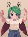  1girl :/ androgynous black_cape blue_eyes blue_shorts blush brown_background buttons cape closed_mouth collared_shirt commentary_request cowboy_shot expressionless green_hair hands_up highres looking_at_viewer medium_bangs red_cape shirt short_hair short_sleeves shorts simple_background solo swept_bangs touhou two-sided_cape two-sided_fabric ugif white_shirt wriggle_nightbug 