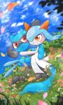  absurdres blue_sky blush carrying couple day flower grass highres kirlia no_humans nullma open_mouth outdoors petals pokemon pokemon_(creature) princess_carry riolu sky smile 