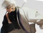  1boy black_shirt blurry closed_mouth dcanine_(blackdo70460708) depth_of_field ear_piercing glasses gojou_satoru jacket jujutsu_kaisen male_focus pants piercing shirt short_hair smile solo tinted_eyewear toned toned_male white_background white_hair white_jacket white_pants 