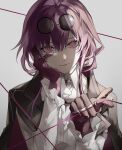  1girl black_jacket chest_harness closed_mouth collared_shirt dappled_sunlight eyewear_on_head gloves grey_background hair_between_eyes hand_on_own_cheek hand_on_own_face harness highres honkai:_star_rail honkai_(series) jacket jewelry kafka_(honkai:_star_rail) long_hair long_sleeves looking_at_viewer multiple_rings nozz177 pointing pointing_at_viewer purple_gloves purple_hair ring round_eyewear shirt sidelocks simple_background smile solo sunglasses sunlight upper_body violet_eyes white_shirt 