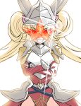  1girl absurdres armor blonde_hair breastplate centurion_primera cowboy_shot crossed_arms duel_monster gochu_(gochu_designs) helmet highres long_hair parody red_eyes shoulder_armor smile solo tengen_toppa_gurren_lagann twintails white_background yu-gi-oh! 