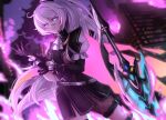  1girl adjusting_clothes adjusting_gloves ahoge alenafox black_gloves building closed_mouth cosplay gloves high_ponytail highres honkai_(series) honkai_impact_3rd kiana_kaslana kiana_kaslana_(herrscher_of_flamescion) lio_fotia lio_fotia_(cosplay) long_hair looking_at_viewer official_alternate_costume pink_theme ponytail promare sky solo sword upper_body v-shaped_eyebrows very_long_hair weapon white_hair 