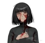  1girl black_hair blood blood_on_clothes blood_on_face blood_on_hands bob_cut cigarette closed_mouth highres holding holding_cigarette limbus_company looking_at_viewer na-gyou_(nunumaru) project_moon red_eyes ryoshu_(limbus_company) short_hair simple_background solo upper_body white_background 