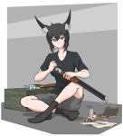  1girl animal_ears arbor_spirit black_hair blue_eyes bottle box cleaning cleaning_gun collarbone disassembly double-barreled_shotgun expressionless fabric fox_ears gun highres looking_at_object original shirt short_hair shotgun sitting socks spray_can t-shirt toz-34 weapon wooden_box 