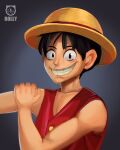  1boy andrewbolly artist_name bare_shoulders black_eyes black_hair hat highres looking_at_viewer male_focus monkey_d._luffy one_piece realistic red_shirt scar scar_on_cheek scar_on_face shirt short_hair signature smile solo straw_hat teeth 