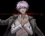  1boy black_background black_jacket bonley collared_shirt facing_viewer jacket jacket_on_shoulders light_purple_hair long_sleeves male_focus multicolored_background open_mouth red_background red_eyes saibou_shinkyoku shirt short_hair solo sound_wave teeth theodore_riddle white_shirt 