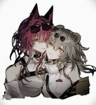  2girls animal_ears asfwef bear_ears cat_ears chest_harness closed_mouth eyewear_on_head grey_background grey_hair hair_between_eyes hair_ornament hairclip harness highres honkai:_star_rail honkai_(series) kafka_(honkai:_star_rail) long_hair looking_at_viewer medium_hair multiple_girls purple_hair round_eyewear shirt sidelocks simple_background smile stelle_(honkai:_star_rail) sunglasses trailblazer_(honkai:_star_rail) upper_body violet_eyes white_shirt yellow_eyes 