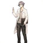  1boy beard_stubble black_pants blue_eyes closed_mouth coat collarbone envelope expressionless feet_out_of_frame girls_frontline glasses grey_hair hand_in_pocket hand_up holding holding_envelope infukun jewelry lab_coat looking_at_viewer lycoris_(girls&#039;_frontline) male_focus manila_envelope mustache_stubble necklace official_art pants pen_in_pocket sangvis_ferri scientist shirt short_hair simple_background solo standing transparent_background white_coat white_shirt 