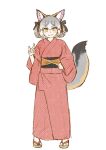  1girl alternate_costume alternate_hairstyle animal_ears belt black_belt blush bow fox_ears fox_girl fox_shadow_puppet fox_tail grey_hair hair_between_eyes hair_bow hair_up island_fox_(kemono_friends) japanese_clothes kemono_friends kemono_friends_v_project kimono kishida_shiki looking_at_viewer multicolored_hair orange_hair red_kimono sandals sidelocks smile solo tail twintails two-tone_hair virtual_youtuber yellow_eyes yukata 