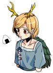  1girl blonde_hair blue_shirt brown_eyes collarbone dragon_girl dragon_horns food highres horns kicchou_yachie kusiyan shirt short_hair solo touhou turtle_shell upper_body white_background 