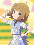  1girl ahoge black_necktie blue_eyes blunt_bangs blurry blurry_background brown_hair clenched_hand closed_mouth commentary_request depth_of_field future_signature_(idolmaster) hand_on_own_hip highres idolmaster idolmaster_million_live! idolmaster_million_live!_theater_days looking_at_viewer matanukinuki necktie pointing pointing_up short_hair smile solo suou_momoko sweat tareme upper_body 