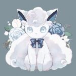  absurdres alolan_vulpix blue_bow bow flower grey_background highres looking_at_viewer no_humans pokemon pokemon_(creature) rose simple_background solo su_(sajo_su5) white_flower white_rose 