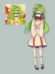  1girl black_footwear commentary_request covered_mouth dress full_body green_eyes green_hair grey_background hiratose02_(mxx_459) long_hair long_sleeves original reference_inset simple_background solo standing touhou twitter_username white_dress 