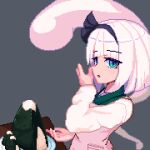  1girl black_bow black_hairband blunt_bangs blush bow bow_hairband brodall_pixel collared_shirt commentary food food_on_hand ghost green_eyes green_vest grey_background hairband hitodama konpaku_youmu konpaku_youmu_(ghost) long_sleeves looking_at_viewer looking_to_the_side medium_hair nori_(seaweed) onigiri open_mouth pixel_art plate rice shirt simple_background solo touhou vest white_hair white_shirt 