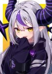  1girl ahoge black_coat black_collar braid coat collar cuffs demon_girl demon_horns dot_keter grey_hair hololive horns la+_darknesss la+_darknesss_(1st_costume) large_horns metal_collar multicolored_hair pointy_ears purple_hair sleeves_past_fingers sleeves_past_wrists solo streaked_hair striped_horns upper_body 